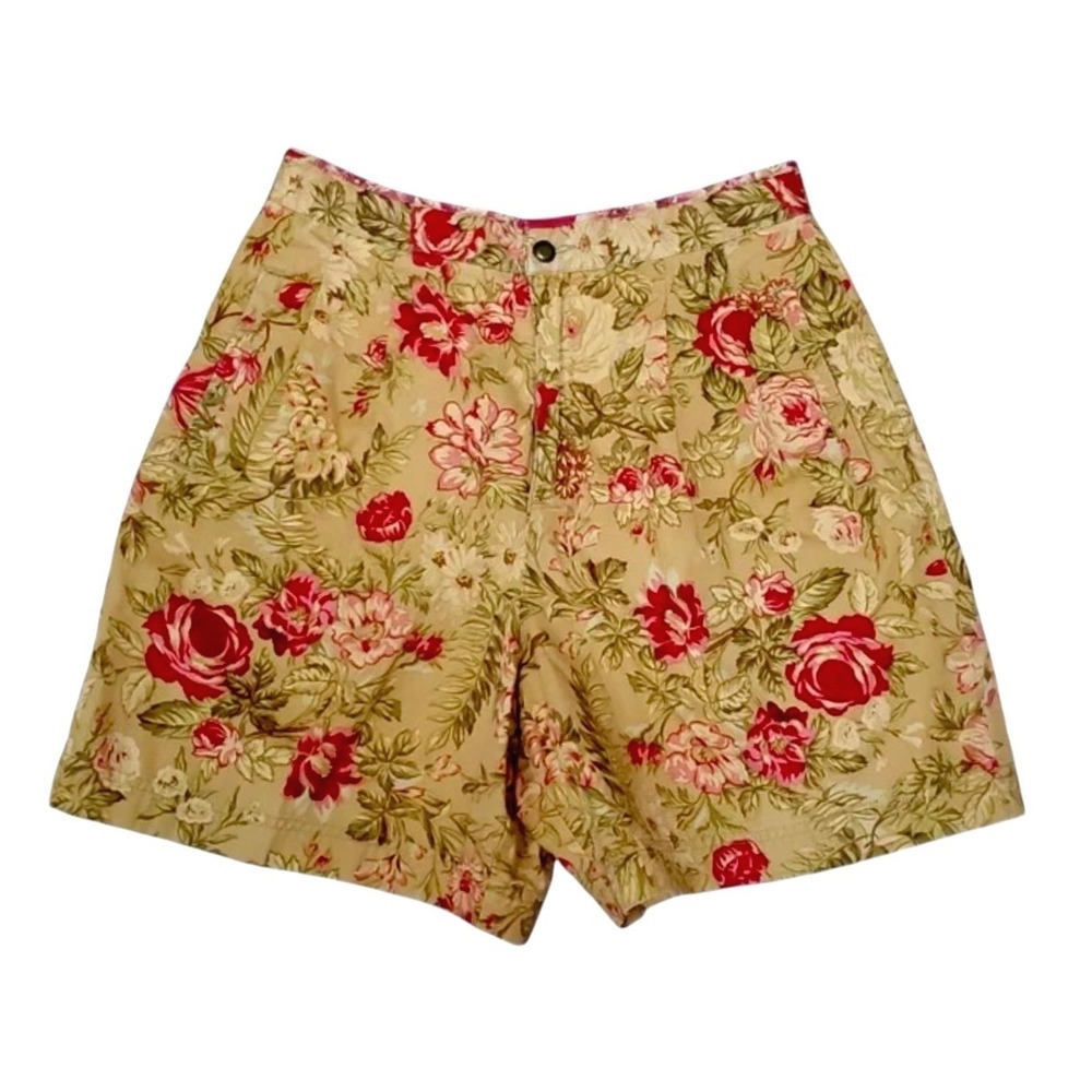 VTG Liz Claiborne LizSport PLEATED COTTON SHORTS Tan Pink Red Roses Floral 8-P